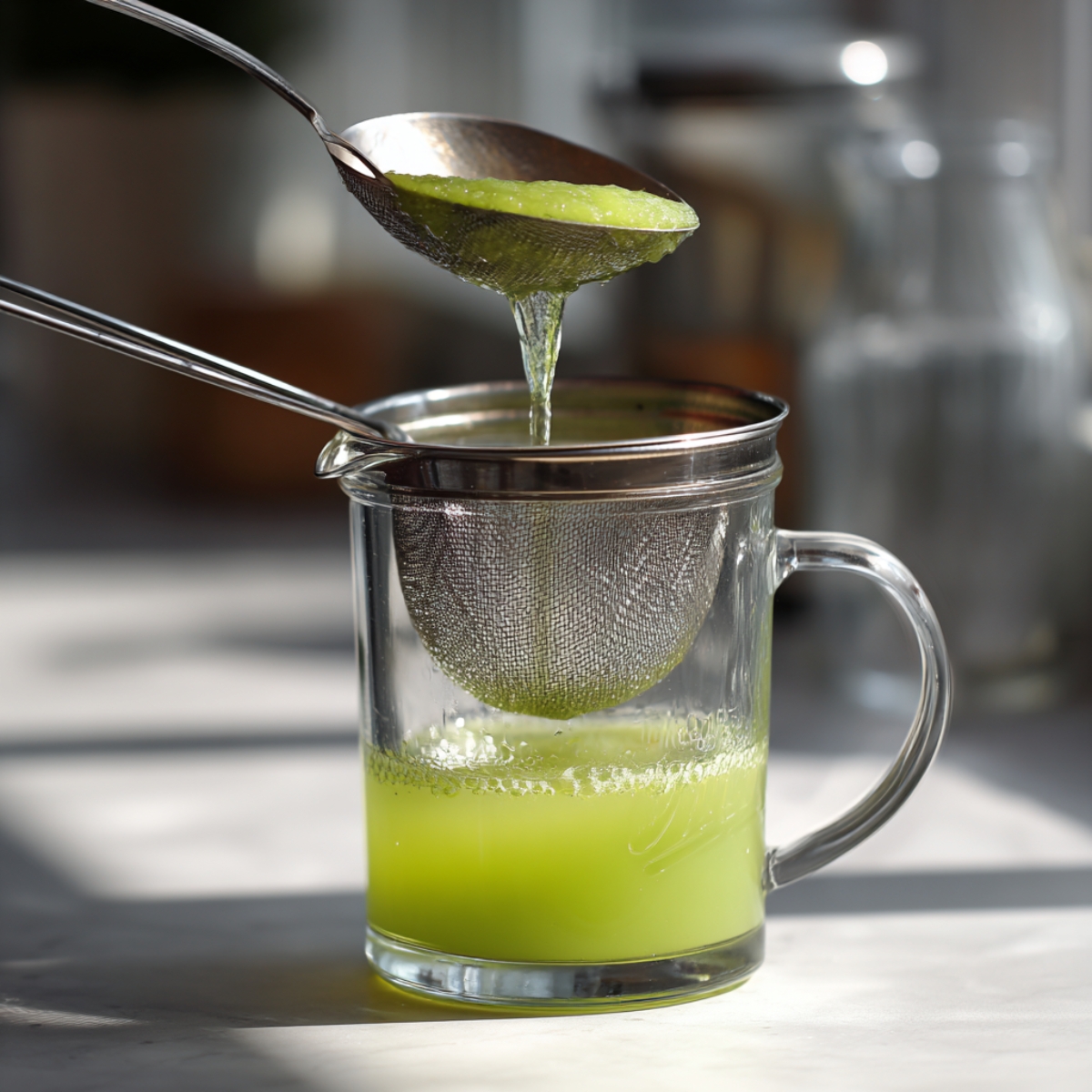 A metal mesh strainer resting over a glass mug as bright green blended lime juice pours through, sunlight catching the stream.