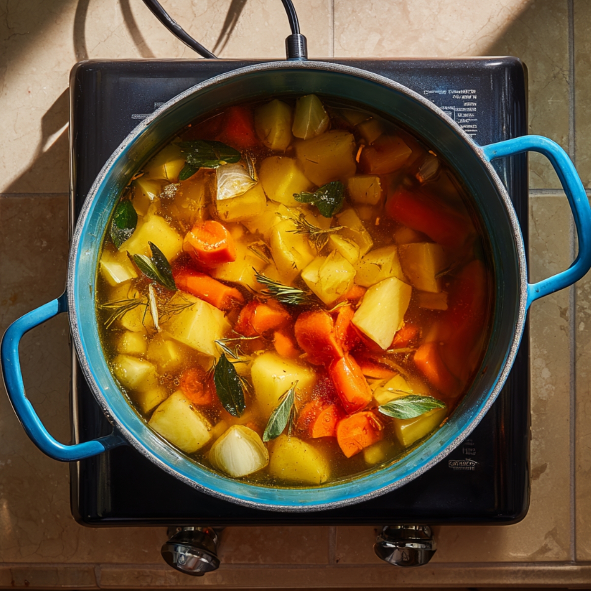 Chopped vegetables including carrots, potatoes, and onions simmer in a rich broth in a blue Dutch oven on a stovetop. Fresh herbs like rosemary and sage float on top, giving the soup a rustic, homemade aroma and visual appeal.