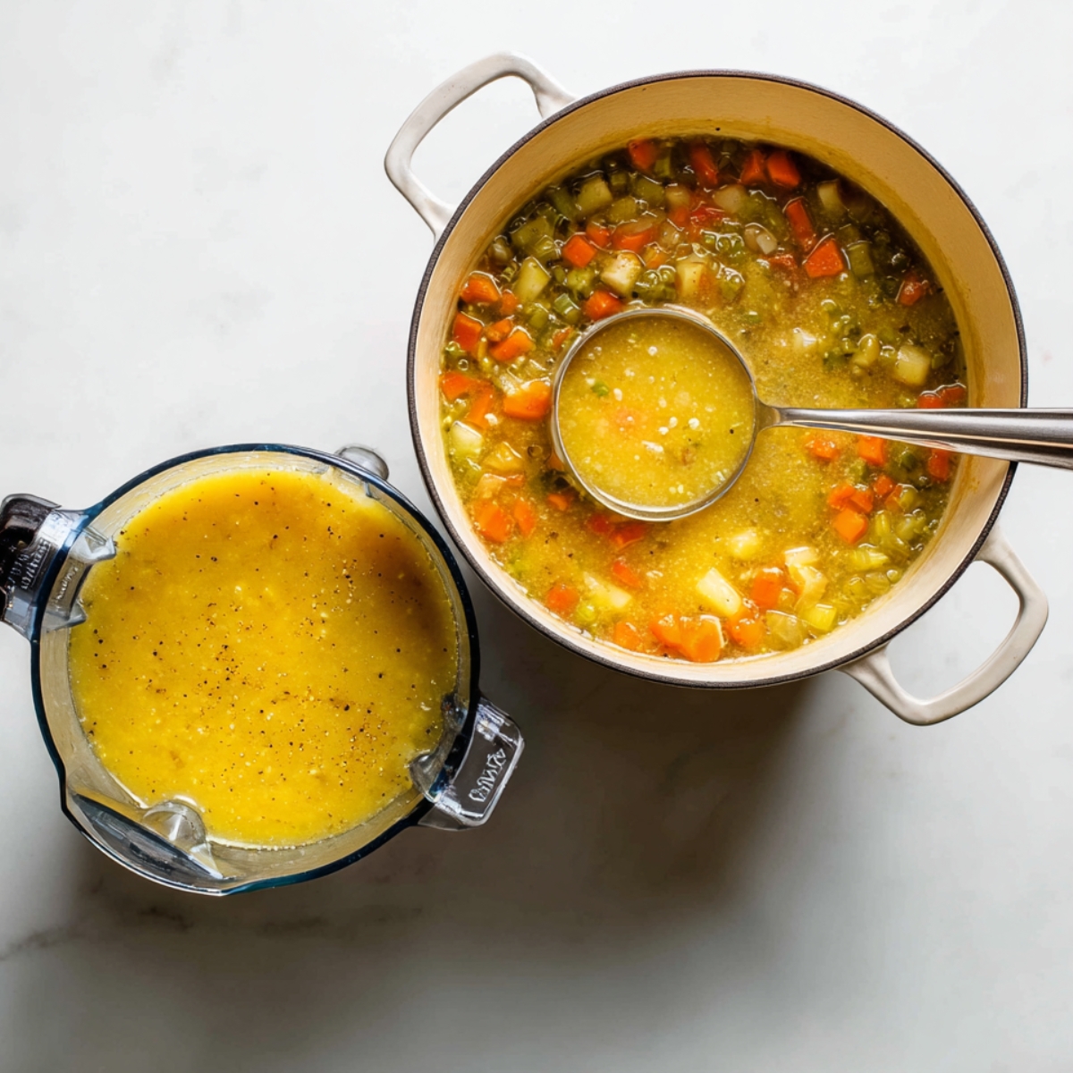 A pot of just-cooked vegetable soup filled with colorful diced carrots, potatoes, and celery, alongside a blender half-filled with the smooth, golden blended version. A metal ladle rests in the pot, showing the transition from chunky to creamy soup.