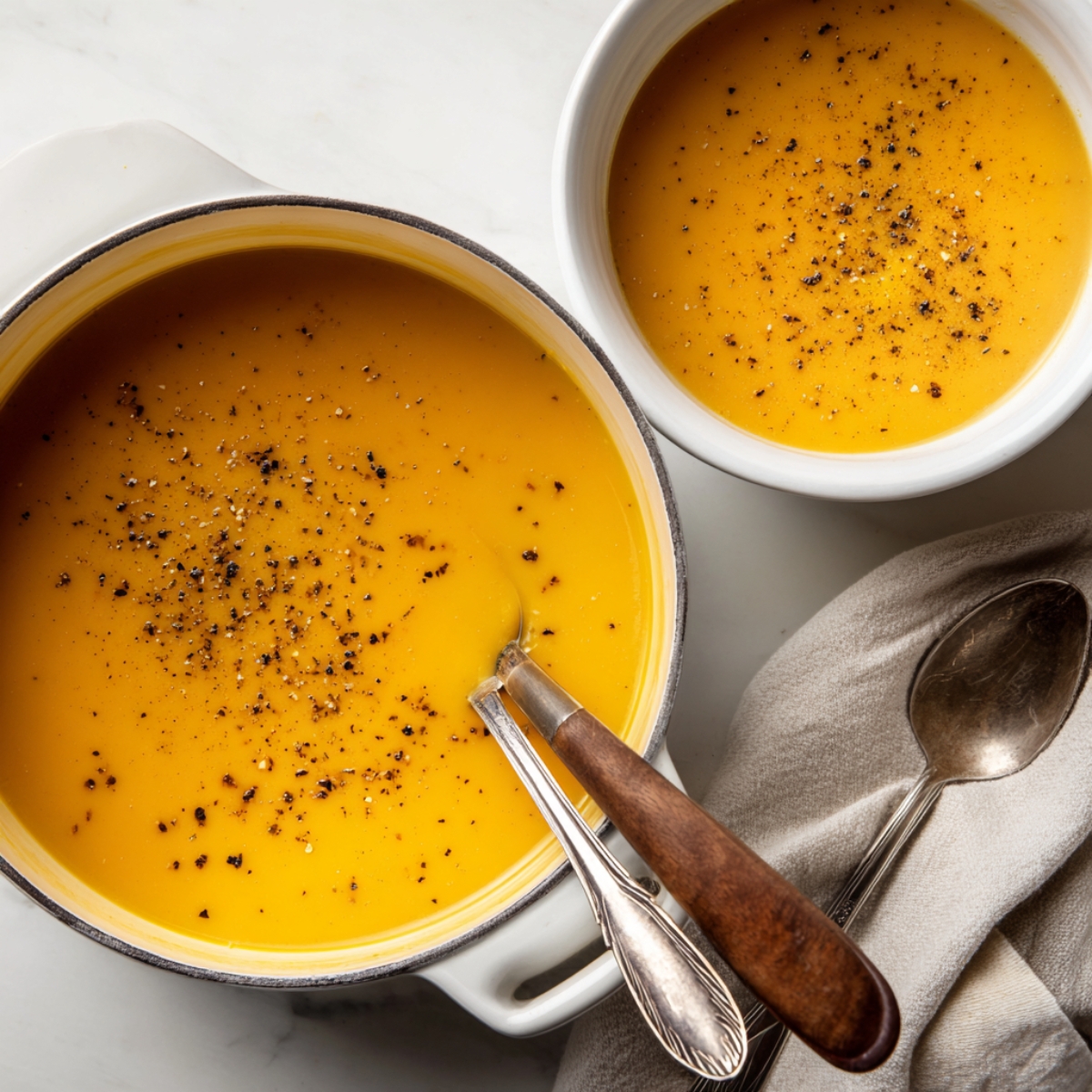 A cozy pot and bowl of creamy homemade butternut squash soup, silky-smooth and golden, topped with freshly cracked black pepper. Two spoons rest inside the white pot, and a napkin with extra spoons is beside the bowl, all on a clean marble surface—perfect for a comforting meal.