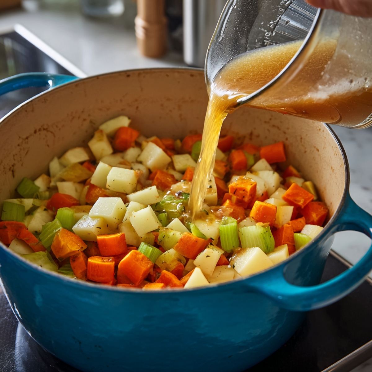 A close-up of broth being poured into a pot of chopped vegetables—potatoes, carrots, celery, and onions—in a blue Dutch oven. The vegetables are lightly sautéed, and the golden broth flows into the mix as the next cooking stage begins.