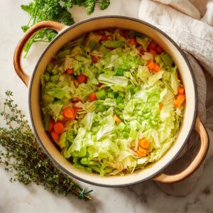 Freshly chopped cabbage, carrots, and celery in a large Dutch oven, ready to cook into a warm, homemade cabbage soup. The colorful vegetables sit on a white marble counter with rustic kitchen linens and small spice bowls nearby.