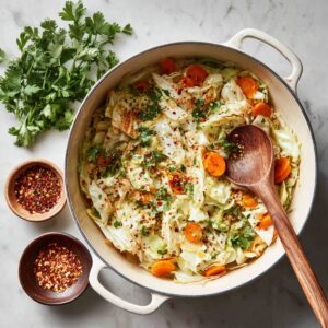 Sautéed cabbage and carrots in a Dutch oven sprinkled with red pepper flakes, paprika, and seasoning blends. The vegetables are just starting to soften, and a wooden spoon is ready to stir. The pot sits on a light marble countertop with a bunch of parsley nearby.
