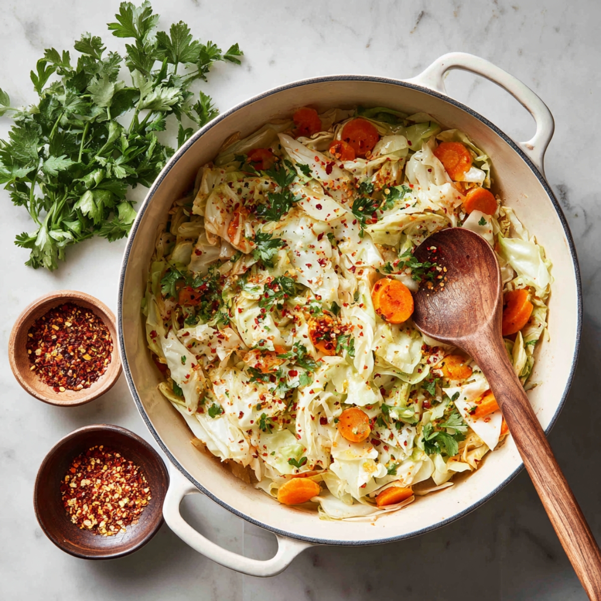 Sautéed cabbage and carrots in a Dutch oven sprinkled with red pepper flakes, paprika, and seasoning blends. The vegetables are just starting to soften, and a wooden spoon is ready to stir. The pot sits on a light marble countertop with a bunch of parsley nearby.
