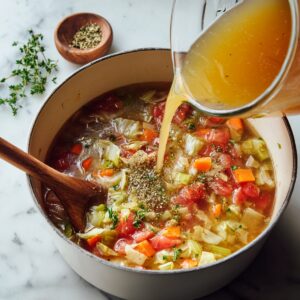 Homemade cabbage soup being prepared as warm golden broth is poured into a pot filled with chopped cabbage, tomatoes, carrots, and celery. A wooden spoon stirs the hearty mixture inside a white enamel pot, with fresh parsley and seasonings nearby on a marble counter.