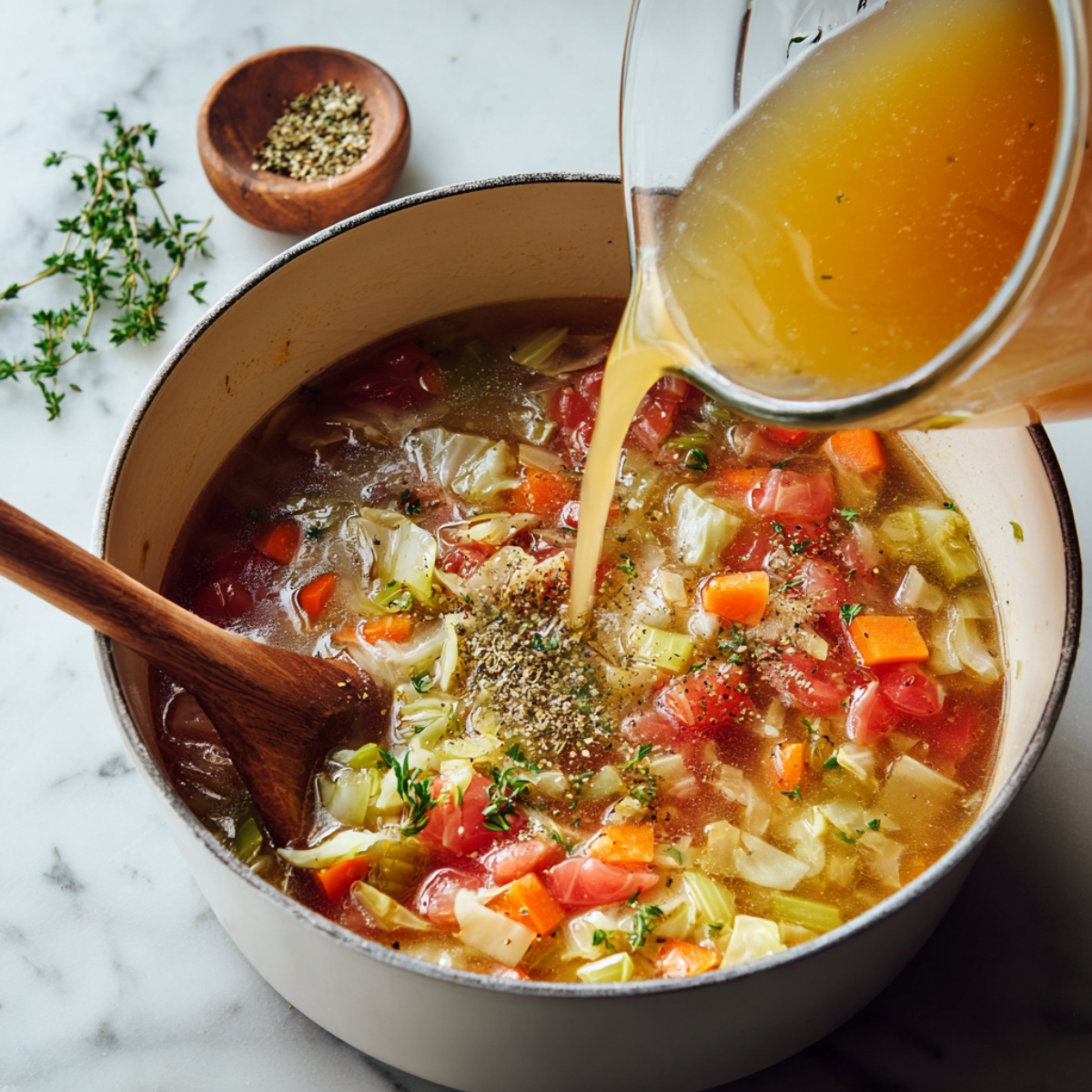 Homemade cabbage soup being prepared as warm golden broth is poured into a pot filled with chopped cabbage, tomatoes, carrots, and celery. A wooden spoon stirs the hearty mixture inside a white enamel pot, with fresh parsley and seasonings nearby on a marble counter.