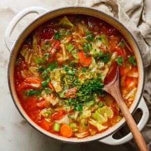 Hearty cabbage soup simmering in a large white Dutch oven, topped with freshly chopped parsley, green onions, garlic, and lemon zest. The colorful mix of vegetables includes carrots, tomatoes, cabbage, and celery in a rich tomato broth, with a wooden spoon resting inside the pot.