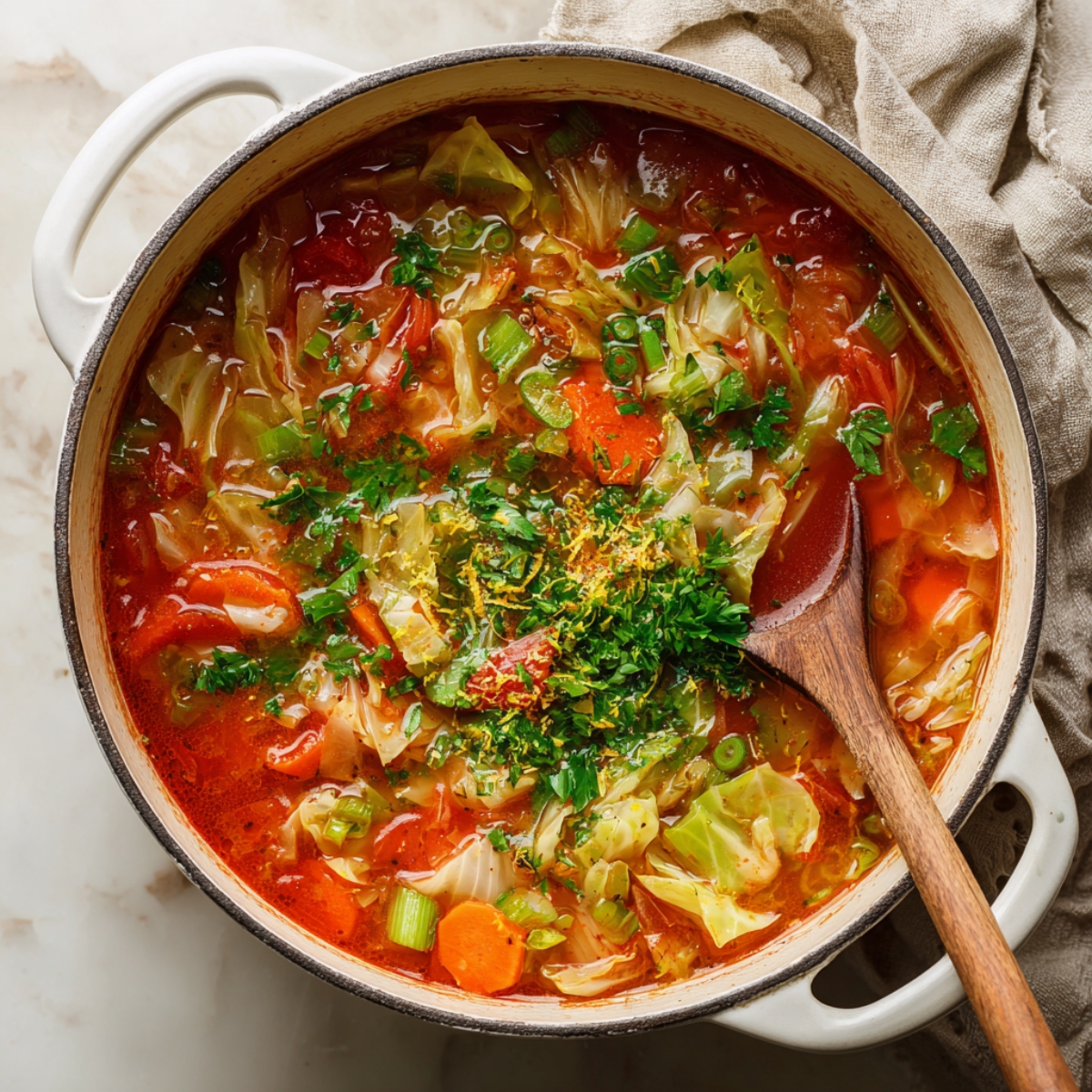 Hearty cabbage soup simmering in a large white Dutch oven, topped with freshly chopped parsley, green onions, garlic, and lemon zest. The colorful mix of vegetables includes carrots, tomatoes, cabbage, and celery in a rich tomato broth, with a wooden spoon resting inside the pot.