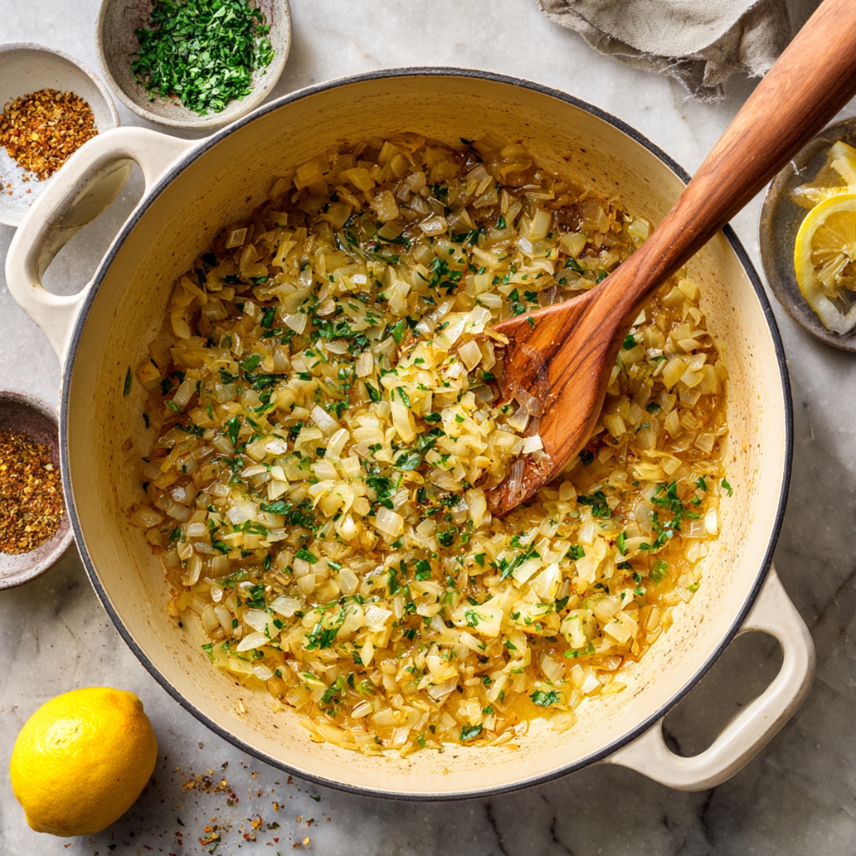 Chopped onions sautéing in a large white Dutch oven, turning golden and fragrant. A wooden spoon stirs the base of the cabbage soup while small bowls of spices and lemon slices sit on a marble countertop in the background.