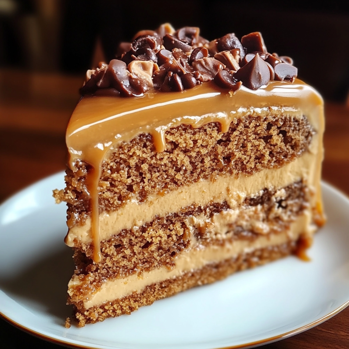 A close-up of a three-layer caramel cake slice on a white plate: moist vanilla sponge layered with rich caramel frosting, glossy caramel sauce dripping down the sides, piped frosting rosettes at the base, and chopped pecans sprinkled on top, all against a warm, wood-tone background.