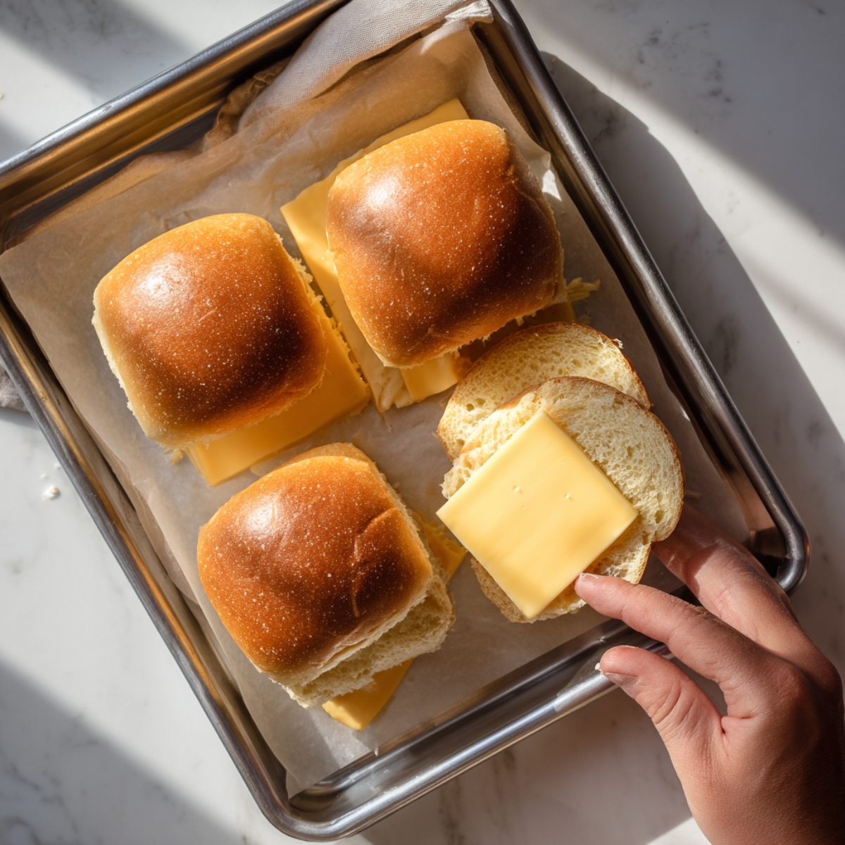 Overhead view of a small metal baking pan lined with parchment paper and a folded linen cloth, holding four halved slider buns. Three sliders are assembled with bright orange cheese slices between the glossy, golden-brown top and soft interior of the bun; the fourth at bottom right is open-faced, with a right hand placing a square of cheese onto the pale, pillowy bottom half. The pan sits on a white marble countertop streaked with gray veining, and warm, natural sunlight streams in from the upper left, casting soft, angular shadows that highlight the buns’ sheen and the countertop’s texture.