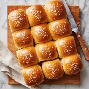 Overhead view of twelve pillowy slider rolls neatly arranged in a 3×4 grid on a worn wooden cutting board. Each roll has a glossy, golden-brown top sprinkled with sesame seeds. A serrated bread knife with a dark-stained wooden handle rests against the upper right edge of the board. A soft, neutral-toned linen cloth peeks out from beneath the lower left corner. The board sits atop a white marble countertop with subtle gray veining, and warm natural light casts gentle shadows across the buns and knife, conveying an inviting, homemade feel.