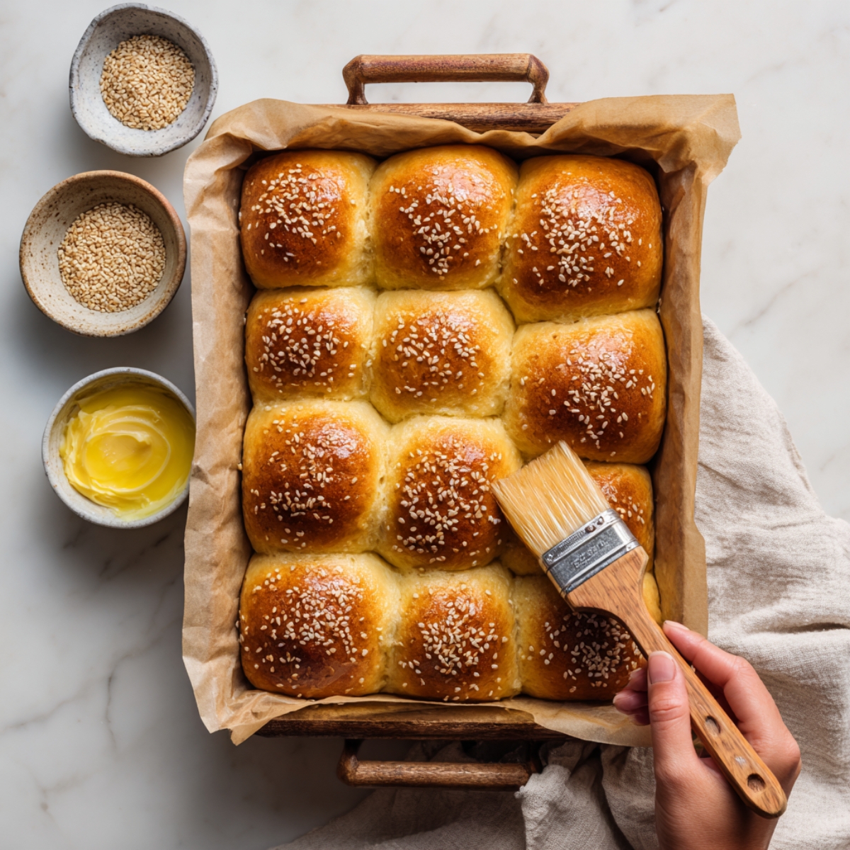 Overhead view of a rustic wooden baking dish lined with crumpled parchment paper, holding twelve golden-brown slider rolls arranged in a neat 3×4 grid. Each pillowy roll is lightly brushed with melted butter and sprinkled with toasted sesame seeds. A hand holding a natural-fiber pastry brush with a wooden handle presses gently against one roll, mid–butter stroke. To the left, three small ceramic bowls sit in a vertical line on a white marble countertop: the top two filled with pale and toasted sesame seeds, and the bottom one holding soft, melted butter. A neutral linen tea towel peeks out beneath the dish’s right side, and natural light casts soft shadows across the scene, evoking an intimate, homemade moment.