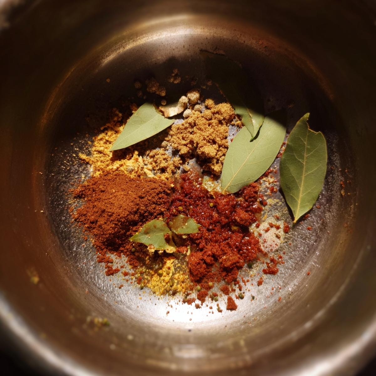 Empty pot with darkened curry paste and whole bay leaves toasted in oil, showing flecks of ground spices.