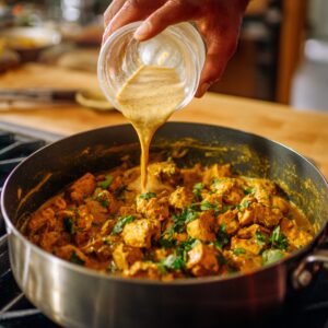 Close-up of a black Dutch oven on the stove holding simmering chicken curry in a rich orange sauce, with chunks of chicken and a bay leaf visible