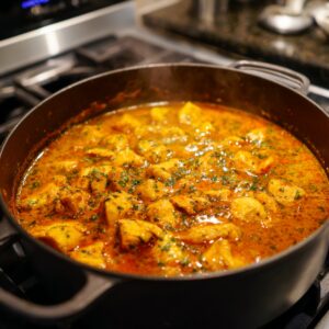 Orange enameled pot with diced red onion being sautéed, softened edges and a wooden spoon stirring.