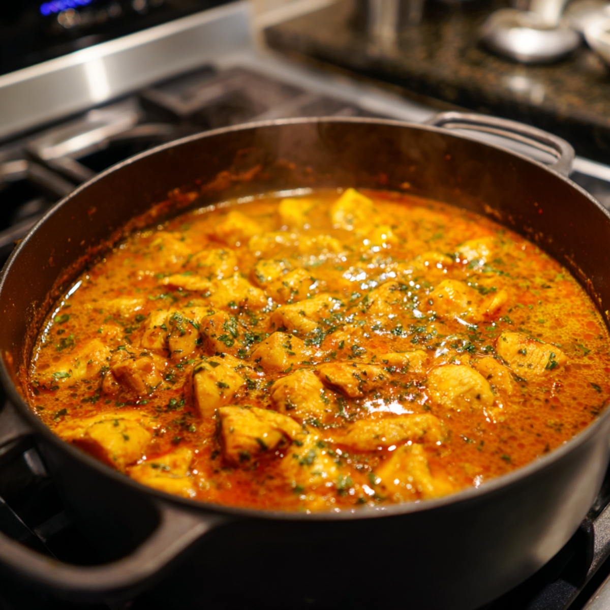 Orange enameled pot with diced red onion being sautéed, softened edges and a wooden spoon stirring.