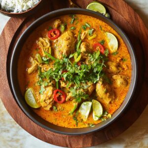 Bowl of rich red Chicken Curry Recipe studded with chicken pieces and sliced red peppers, garnished with fresh basil leaves and cilantro, with a side of white rice visible at the edge