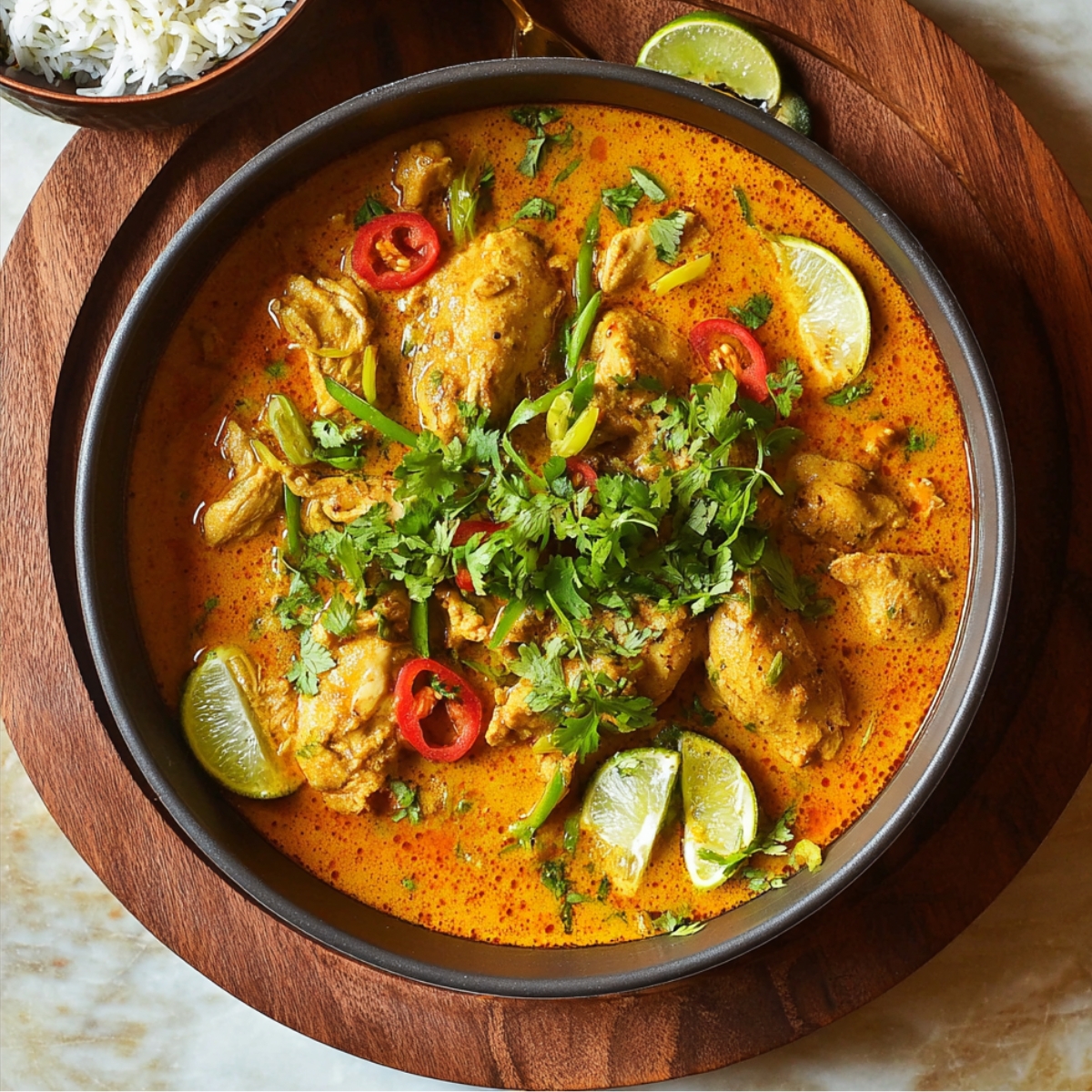 Bowl of rich red Chicken Curry Recipe studded with chicken pieces and sliced red peppers, garnished with fresh basil leaves and cilantro, with a side of white rice visible at the edge