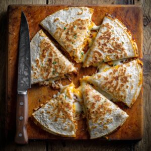 Top-down view of a round quesadilla cut into eight triangular wedges and arranged in a circle on a well-worn wooden cutting board. A large chef’s knife with a wooden handle rests beside the wedges, and small flecks of cilantro are scattered on the tortilla surfaces.