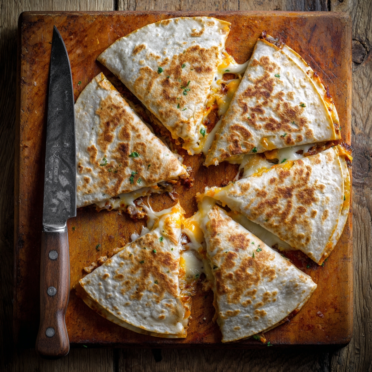 Top-down view of a round quesadilla cut into eight triangular wedges and arranged in a circle on a well-worn wooden cutting board. A large chef’s knife with a wooden handle rests beside the wedges, and small flecks of cilantro are scattered on the tortilla surfaces.
