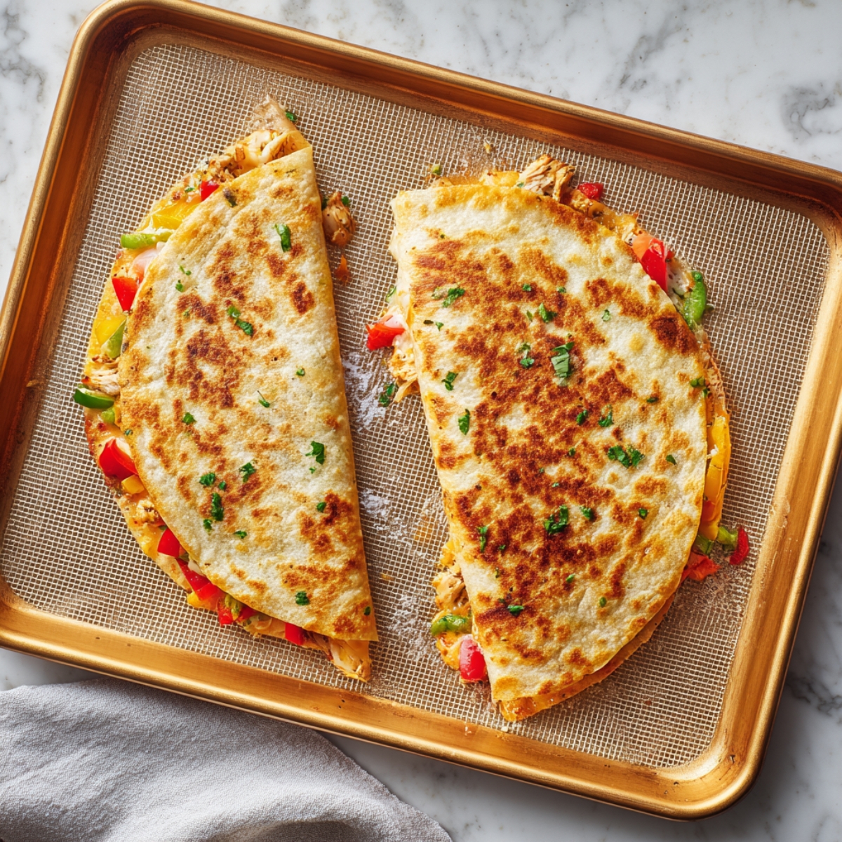 Overhead shot of two folded quesadillas on a gold-tone baking sheet lined with a textured silicone mat. The tortillas are crisped to a light brown, sprinkled with chopped cilantro, and you can glimpse colorful chicken and pepper bits peeking out of the sides.