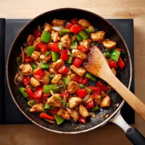 Overhead photo of a stainless-steel skillet on a black induction cooktop. Bite-sized pieces of chicken, red and green bell peppers, and sliced onions sizzle in the pan, being stirred with a wooden spatula. The cooktop’s digital display reads “75.”
