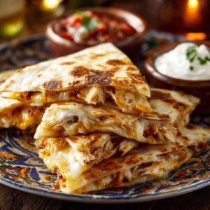 A close-up of a stack of four chicken quesadilla wedges on a decorative plate. The tortillas are golden-brown with charred spots, and you can see shredded chicken and melted cheese oozing from the edges. In soft focus behind them are rustic ramekins of red salsa and white sour cream, each topped with a cilantro leaf.