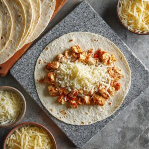 Top-down view of a single flour tortilla laid flat on a square grey stone slab. One half is piled with seasoned, diced chicken and diced red and green bell peppers, then topped with a mound of white shredded cheese. A stack of unused tortillas and additional bowls of cheese sit at the edges of the frame.