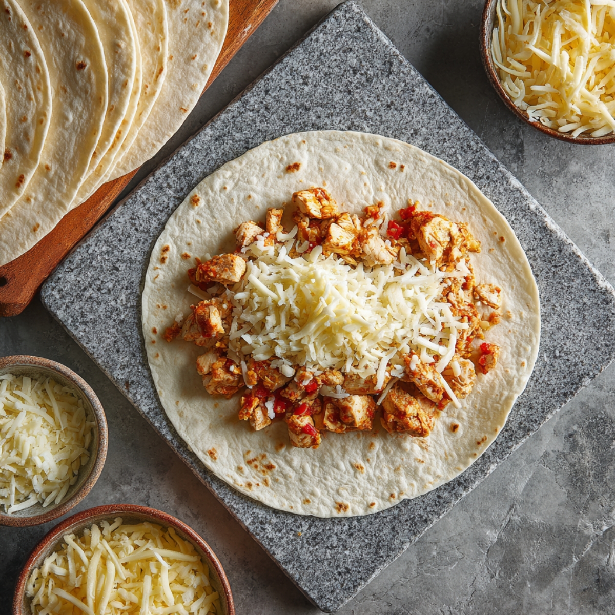 Top-down view of a single flour tortilla laid flat on a square grey stone slab. One half is piled with seasoned, diced chicken and diced red and green bell peppers, then topped with a mound of white shredded cheese. A stack of unused tortillas and additional bowls of cheese sit at the edges of the frame.