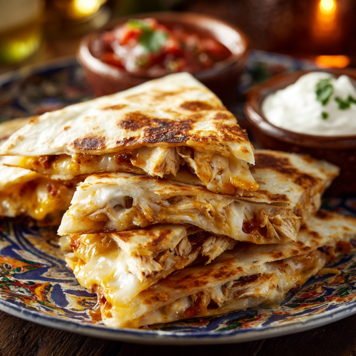 A close-up of a stack of four chicken quesadilla wedges on a decorative plate. The tortillas are golden-brown with charred spots, and you can see shredded chicken and melted cheese oozing from the edges. In soft focus behind them are rustic ramekins of red salsa and white sour cream, each topped with a cilantro leaf.