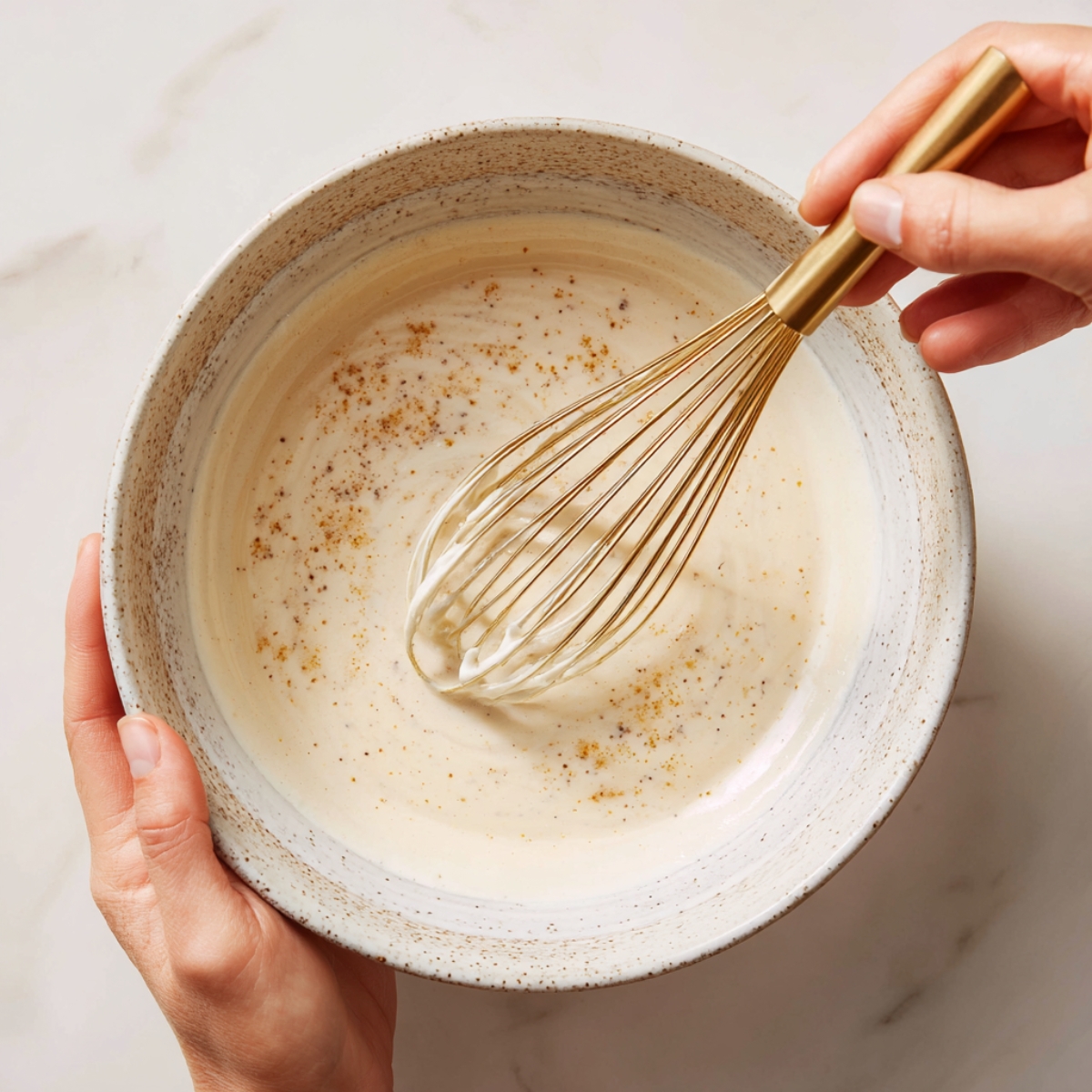Speckled ceramic bowl of pale, creamy dressing being whisked by hand, with specks of seasoning visible throughout.