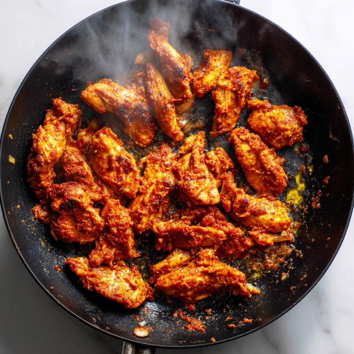 An overhead view of a black cast-iron skillet on a pale background containing glistening, deeply seared chicken shawarma pieces nestled in rendered fat and spice oil, the dark pan rim framing the golden brown chicken under soft, natural light.