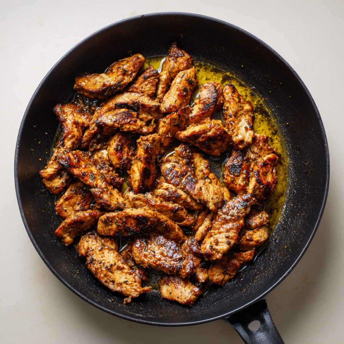 A top-down shot of a black cast-iron skillet on a white surface holding scattered strips of raw chicken coated in a vivid red-orange shawarma spice paste dotted with garlic, with steam wisps rising and bright neutral lighting revealing every texture.