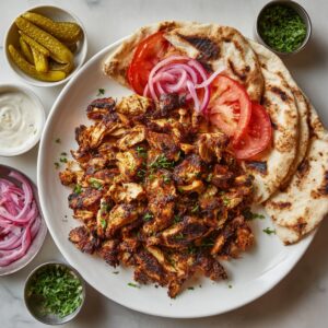 A clear glass mixing bowl on white marble filled with bite-sized chicken strips thoroughly coated in an orange-red shawarma marinade with visible oil sheen and spice flecks, the round bowl rim framing the marinated chicken under bright, even illumination.