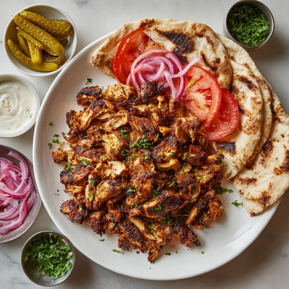 A clear glass mixing bowl on white marble filled with bite-sized chicken strips thoroughly coated in an orange-red shawarma marinade with visible oil sheen and spice flecks, the round bowl rim framing the marinated chicken under bright, even illumination.