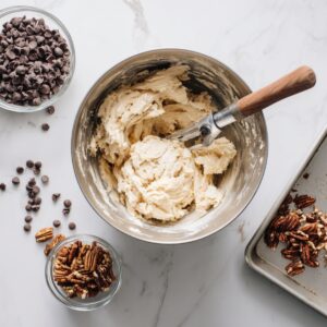 Flat-lay on a white marble countertop showing a stainless-steel mixing bowl of creamy cookie dough with a spatula inside. To its side are two clear bowls—one filled with glossy chocolate chips, the other with chopped pecans—and the edge of an empty square baking pan.