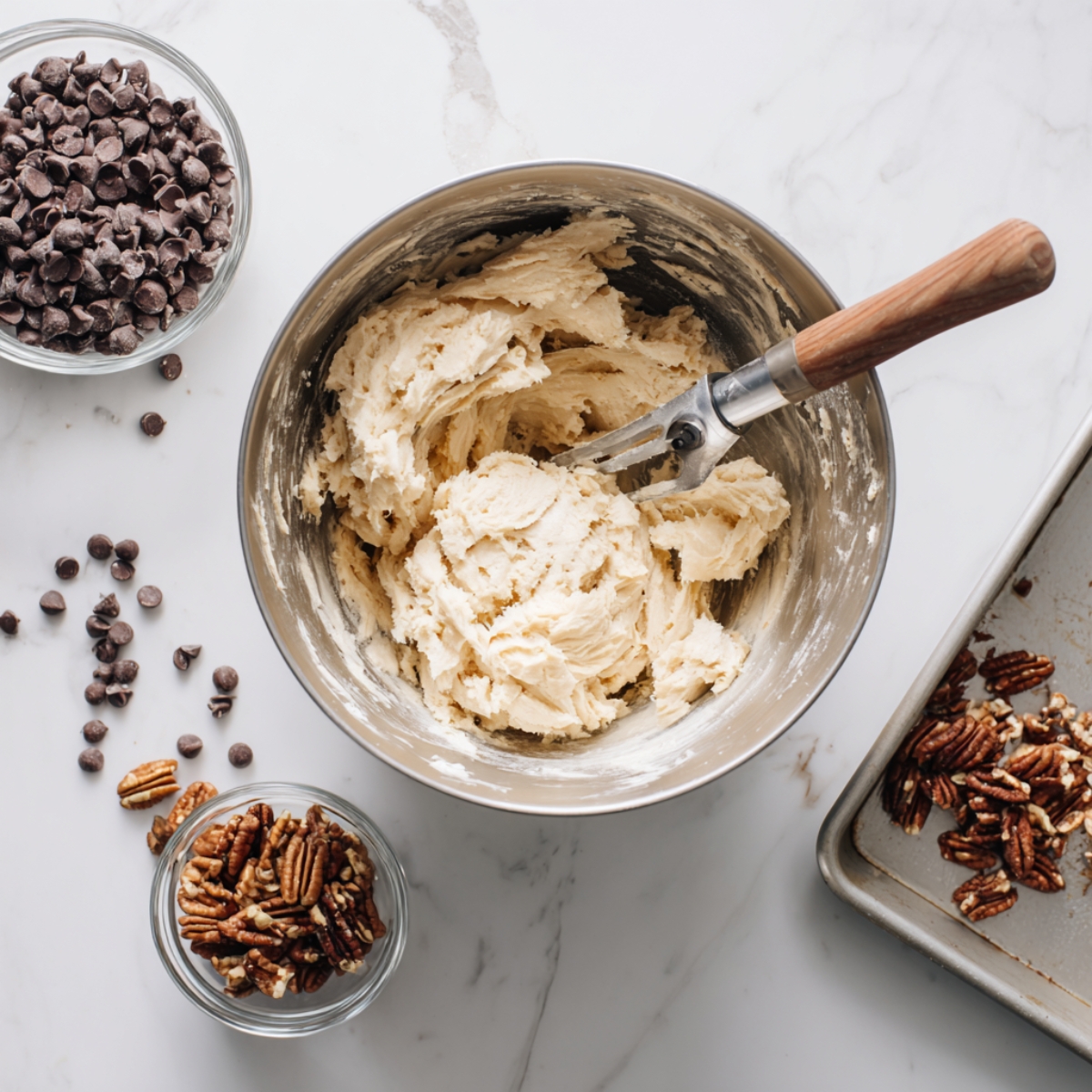 Flat-lay on a white marble countertop showing a stainless-steel mixing bowl of creamy cookie dough with a spatula inside. To its side are two clear bowls—one filled with glossy chocolate chips, the other with chopped pecans—and the edge of an empty square baking pan.