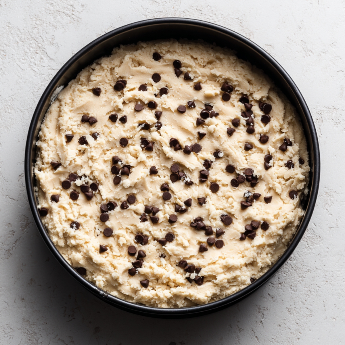 Overhead shot of a black springform pan filled with unbaked chocolate chip cookie dough pressed evenly into the bottom. The pale marble countertop beneath and gentle natural light emphasize the dough’s smooth texture and scattered semi-sweet chips