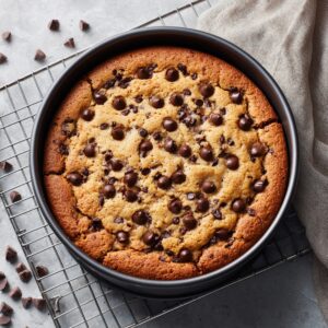 A top-down view of a round vegan chocolate chip cookie cake in a dark springform pan resting on a wire cooling rack over a light stone countertop. The golden-brown surface shows a few melted chocolate chips and fine cracks, all lit by soft, diffused daylight.