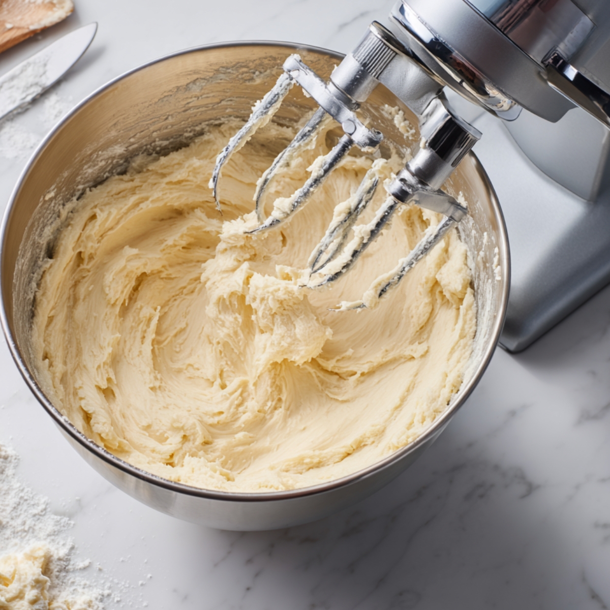 High-angle shot of a metal mixing bowl containing smooth, freshly creamed cookie dough, next to a stand-mixer beater coated in dough. Both rest on a white marble surface bathed in bright natural light that highlights the dough’s silky texture.