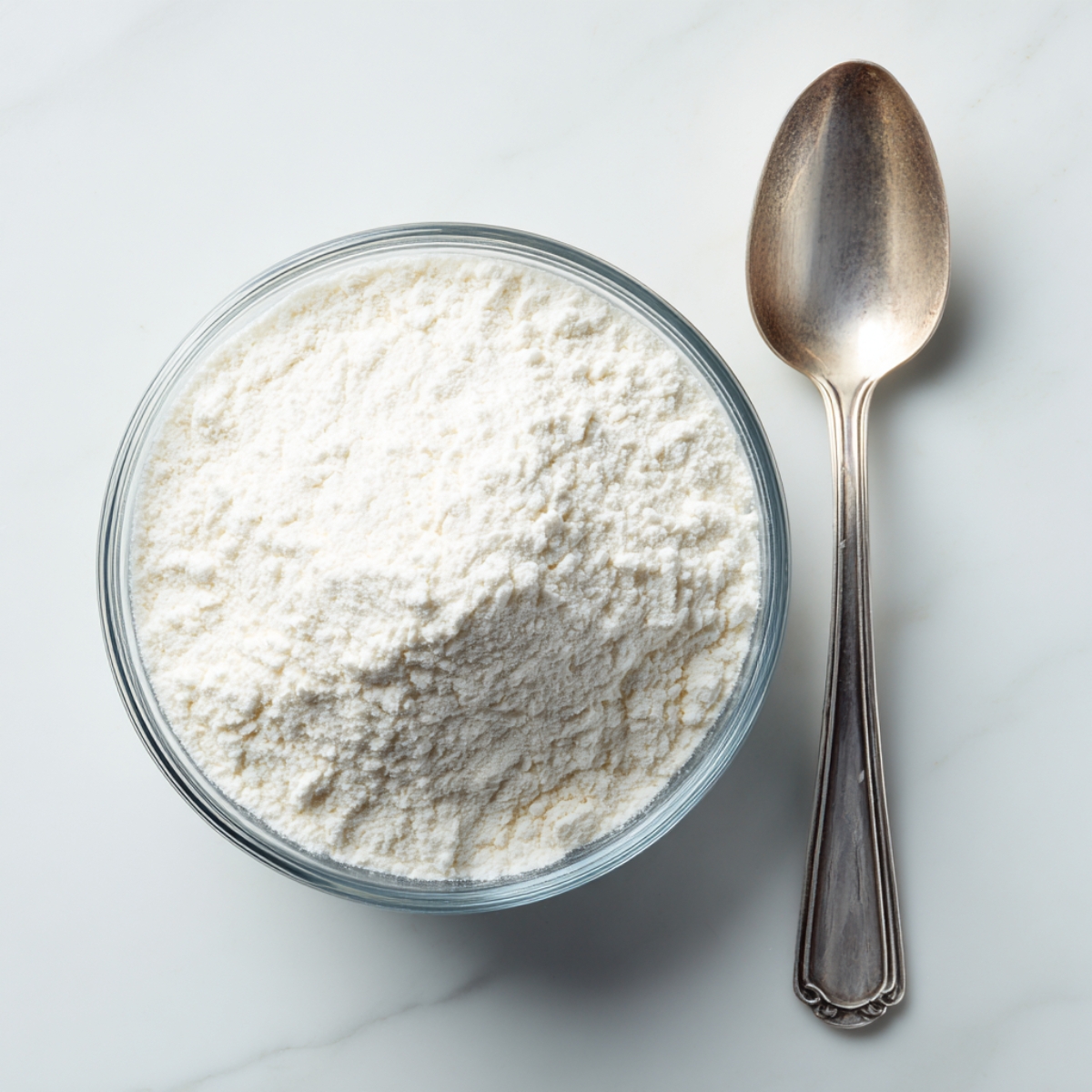 A close overhead shot of a stainless-steel bowl containing silky-smooth edible cookie dough, swirled into a perfect spiral. The pale dough’s glossy surface catches the light, revealing the creamy, lump-free texture. The bowl sits alone against a clean white background.