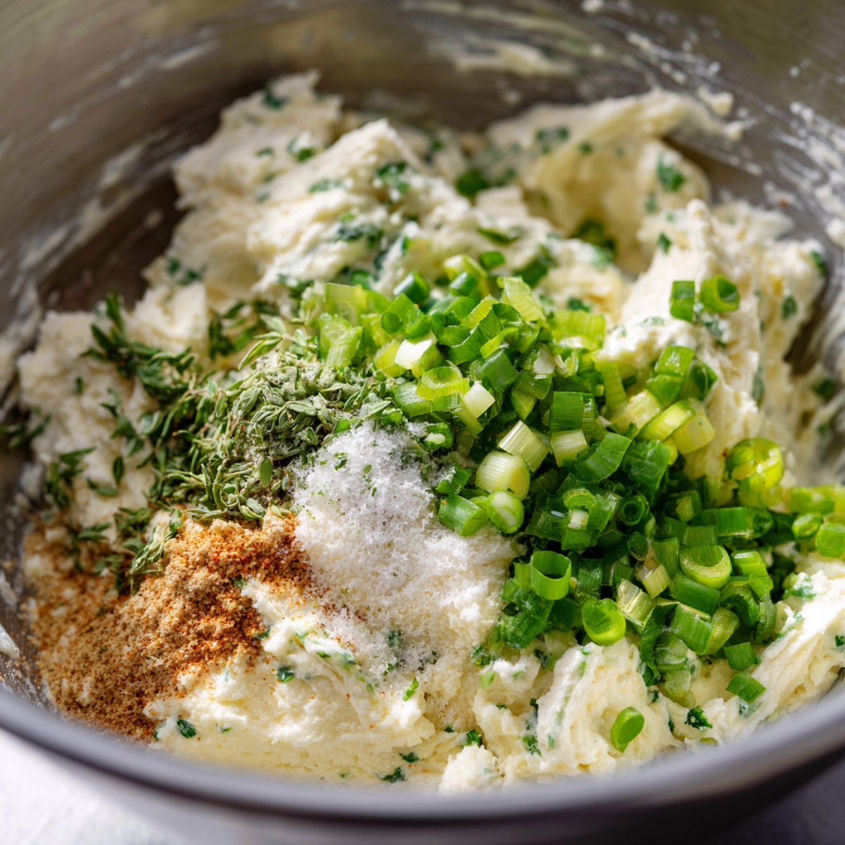 "A close-up shot of a mixing bowl filled with creamy cheese spread, seasoned with fresh herbs like thyme and chopped green onions. The mixture also contains salt, pepper, and spices, giving it a textured, chunky appearance. A spoon rests in the bowl, ready to mix the ingredients further."