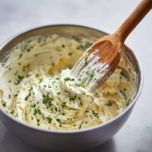 "A wooden spatula is stirring through a bowl of mixed cream cheese spread, flecked with fresh herbs like parsley. The mixture looks smooth and creamy, with visible green bits from the herbs scattered throughout, creating a rustic and homemade feel."