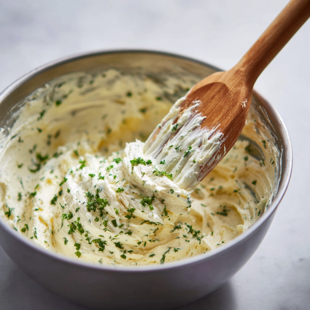 "A wooden spatula is stirring through a bowl of mixed cream cheese spread, flecked with fresh herbs like parsley. The mixture looks smooth and creamy, with visible green bits from the herbs scattered throughout, creating a rustic and homemade feel."