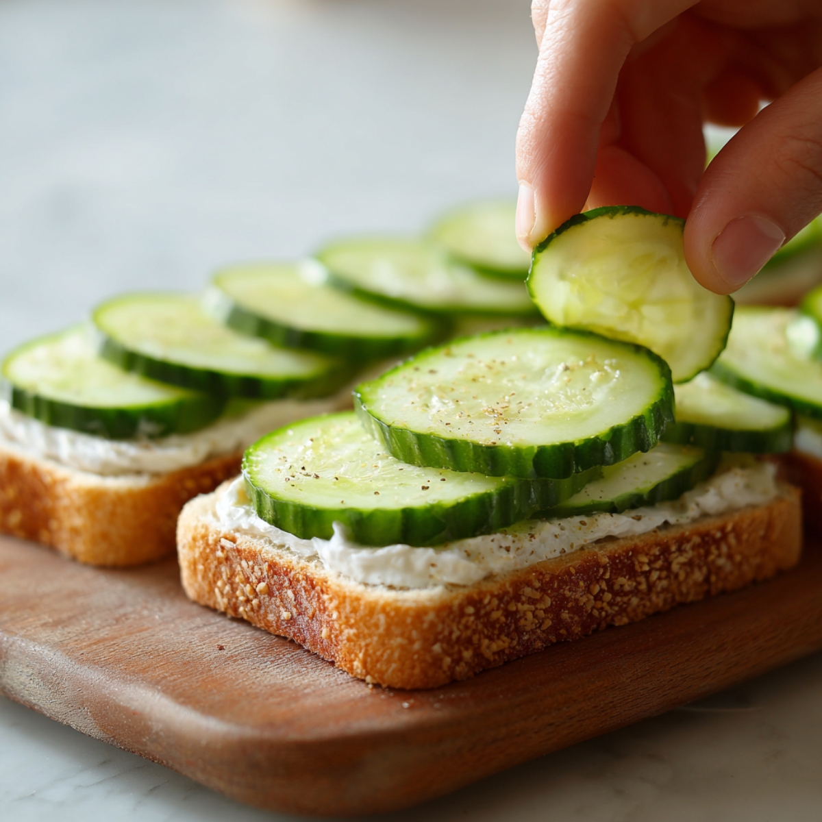 "A hand carefully placing cucumber slices on top of a slice of bread spread with creamy cheese. The sandwich base is already covered with a generous layer of the herb-infused cream cheese, and the cucumbers are arranged neatly in a row."