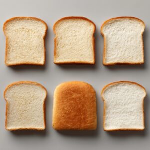 "A set of six slices of white bread arranged neatly on a flat surface, with one slice positioned in the middle, showing a soft, fluffy texture. The bread is lightly toasted, with the golden edges creating a comforting, fresh look."