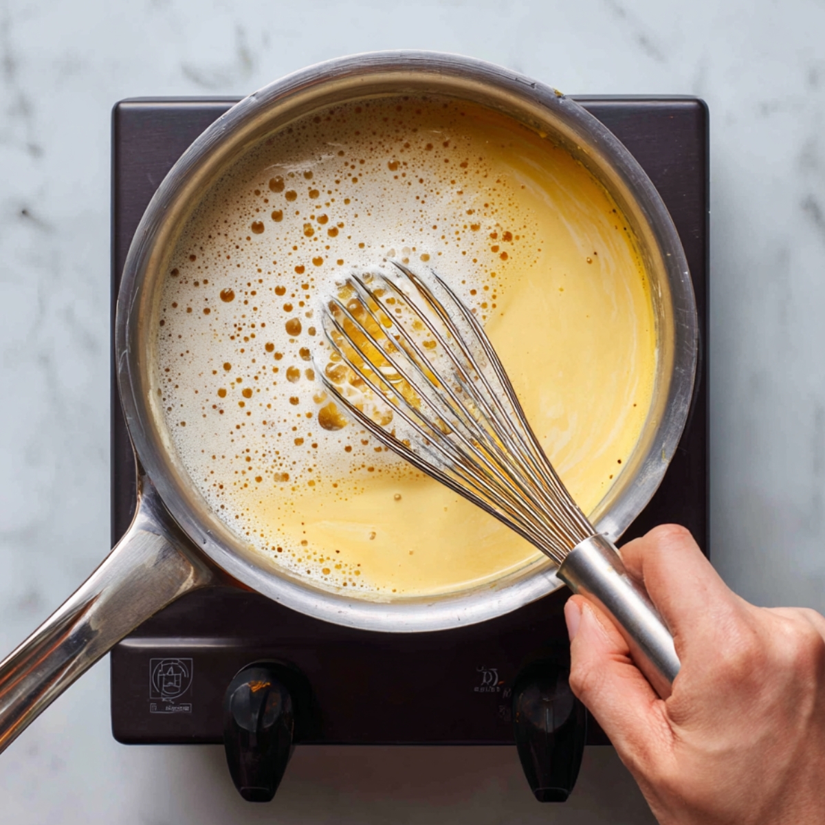 Close-up of hands pouring frothy egg mixture from a glass bowl into hot milk in a saucepan, whisk held in the other hand.
