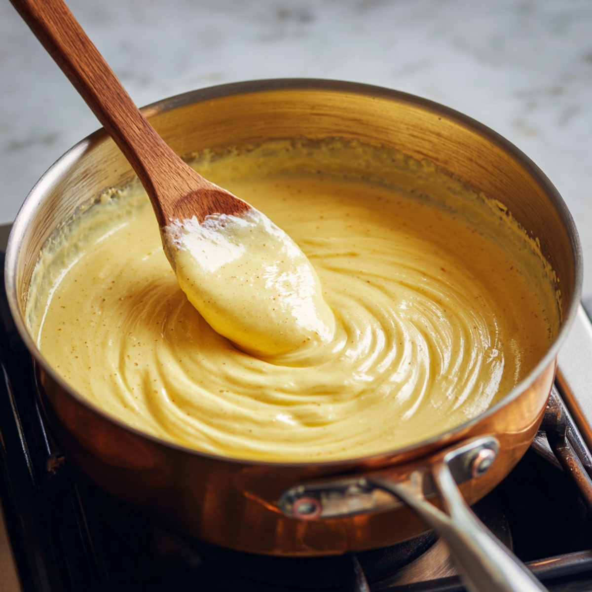 Top-down shot of a clear glass bowl on marble, containing beaten eggs, sugar, and a pinch of salt, with a whisk resting inside