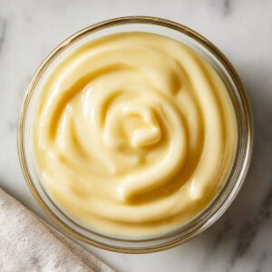 Overhead view of whole milk and heavy cream gently heating in a stainless-steel saucepan on a marble countertop, small bubbles forming at the edges.